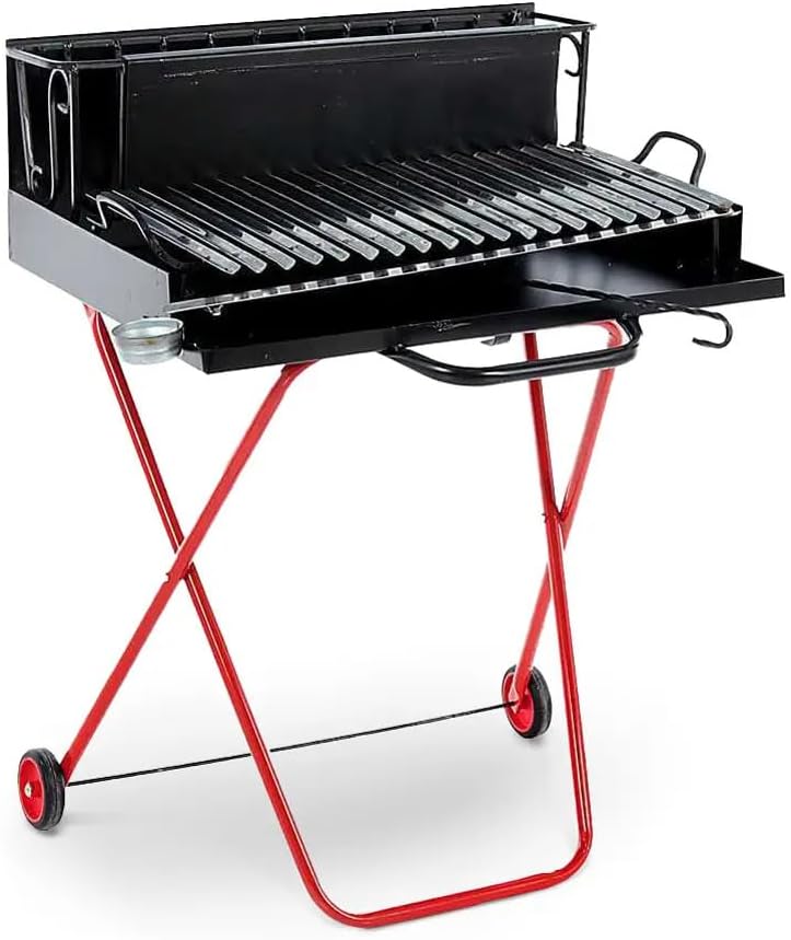 Barbecue a legna, Portatile con Griglia in Acciaio Inox, Ripiano Recupera Grassi, Pieghevole con Ruote, Made in Italy, GREGORIOSTORE