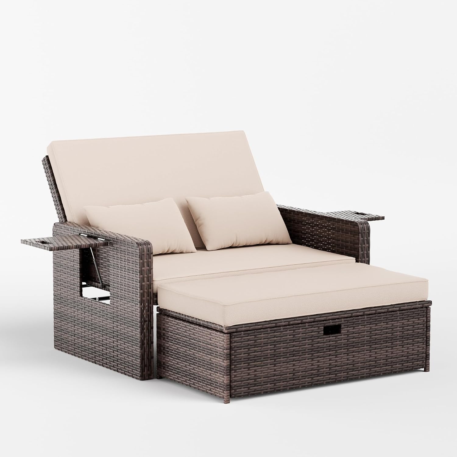 Set mobili da giardino, Divano da Giardino in Rattan 2 Posti con Poggiapiedi, Poltrona Relax per Terrazzo e Balcone - Beige, UDPATIO