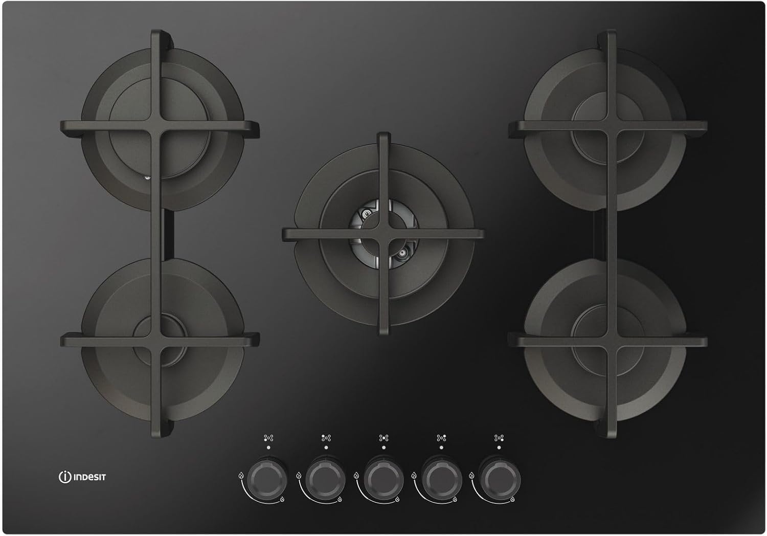 Piano cottura 72T, ING, BK 1 piano gas vetro nero 75 cm 5 fuochi bruciatore doppia corona griglie in ghisa lavabili in lavastoviglie, Indesit