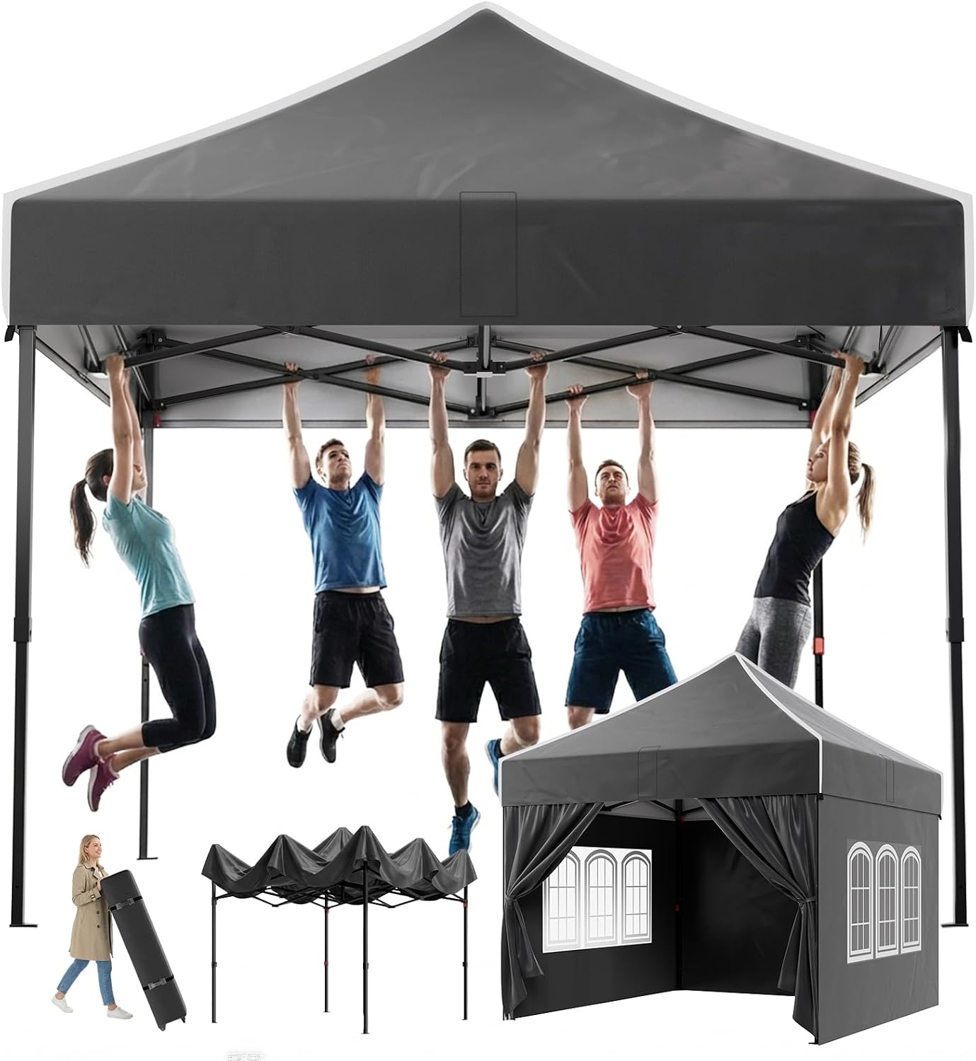 Gazebo 210D, per giardino, campeggio, nero, 3 x 3 impermeabile, protezione UV 50 +, stabile, resistente all'inverno, altezza regolabile, Devoko