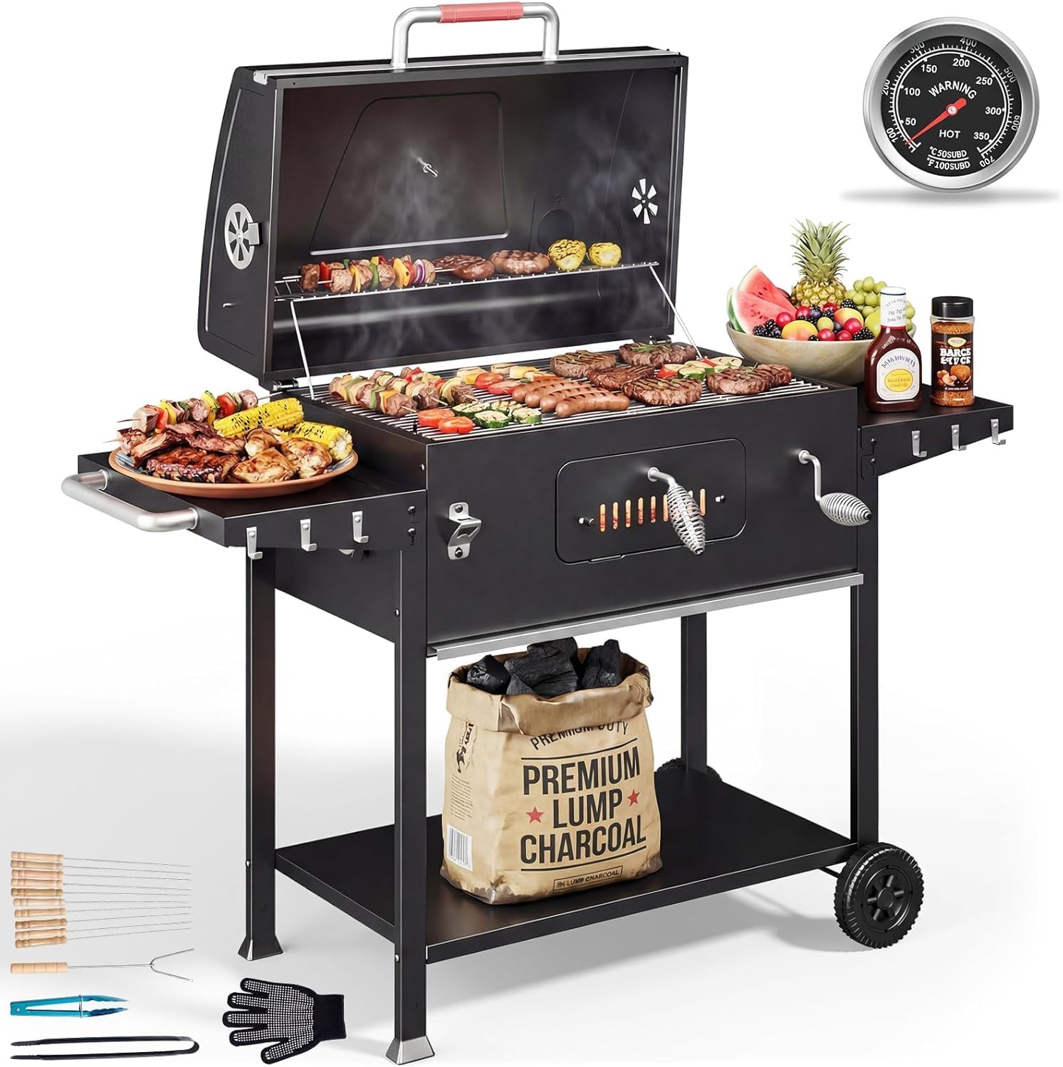 Barbecue a carbone, Barbecue Portatile per Giardino, Campeggio, Esterno, Pinza da Cucina, Barbecue Carbonella XXL, BBQ, Termometro, Devoko