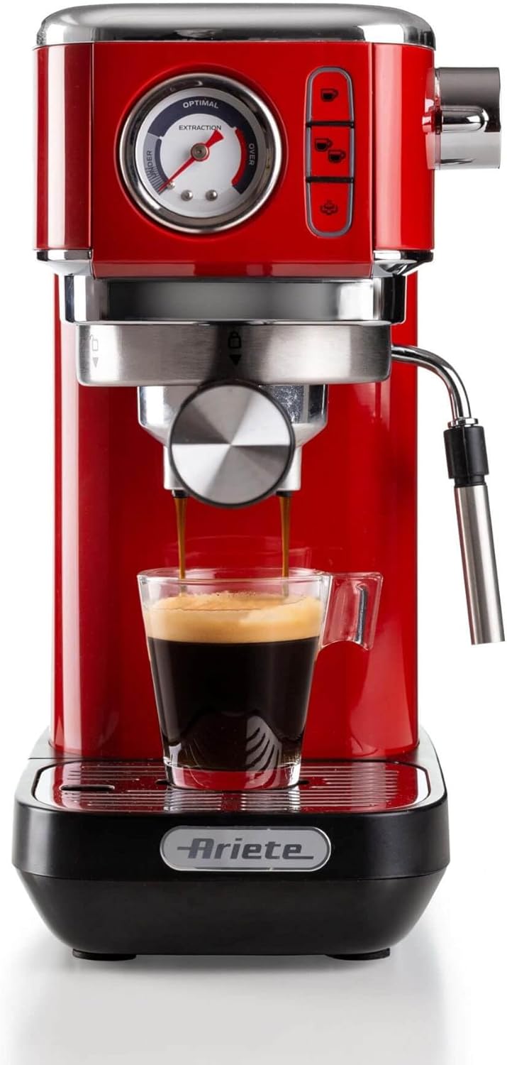 Macchina da caffè, compatibile con caffè in polvere e cialde ESE, Dispositivo Cappuccino, 15 bar di pressione, Filtro 1⁄2 tazze, Rosso, Ariete