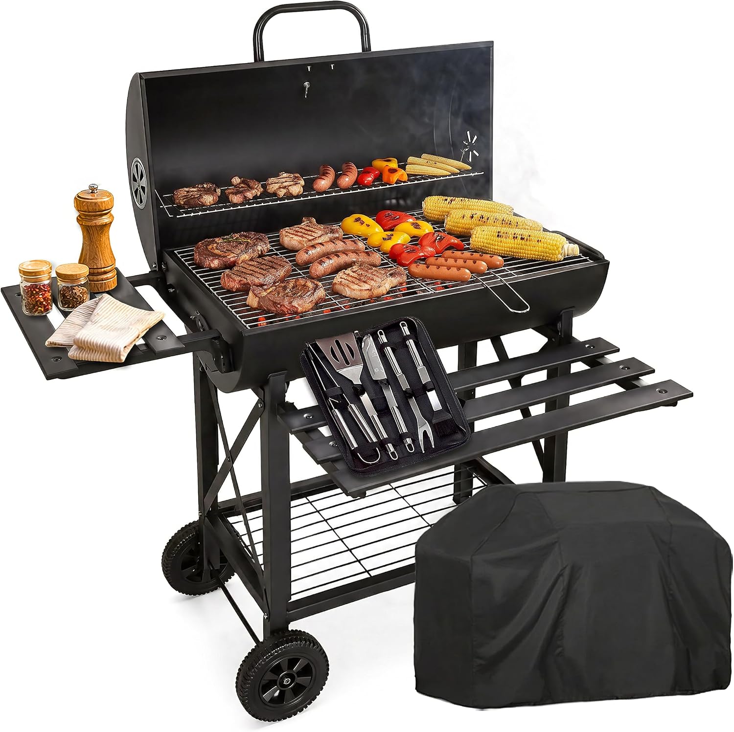 Barbecue a carbone, Carrello in Acciaio Resistente con Ruote, Ripiani Laterali Pieghevoli, Cassetto Raccogli-Cenere, RMF PRO