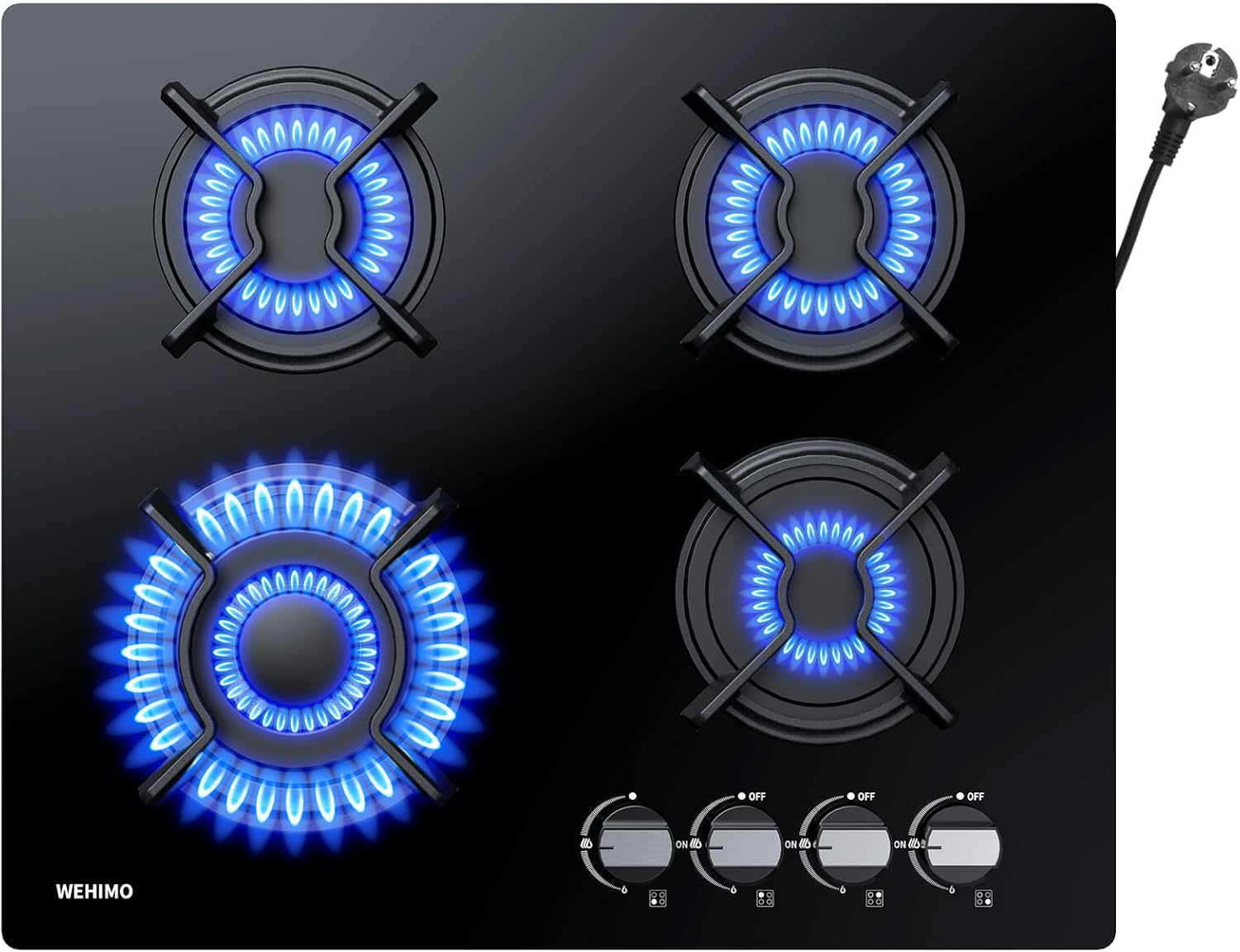 Piano cottura, a Gas 4 Fuochi da Incasso, 60 cm, 7800 W, Protezione Flame-Out, Gas Naturale, Propano, Butano, Vetro Nero, WEHIMO
