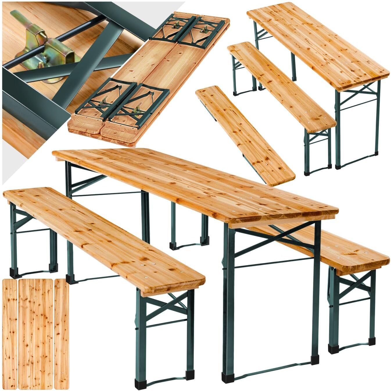 Set da pranzo, Cerniere Robuste, Tavolo e Panche da Esterno con Comodo Schienale, Struttura in Acciaio, ® Set 3 Pezzi da Birreria, tectake