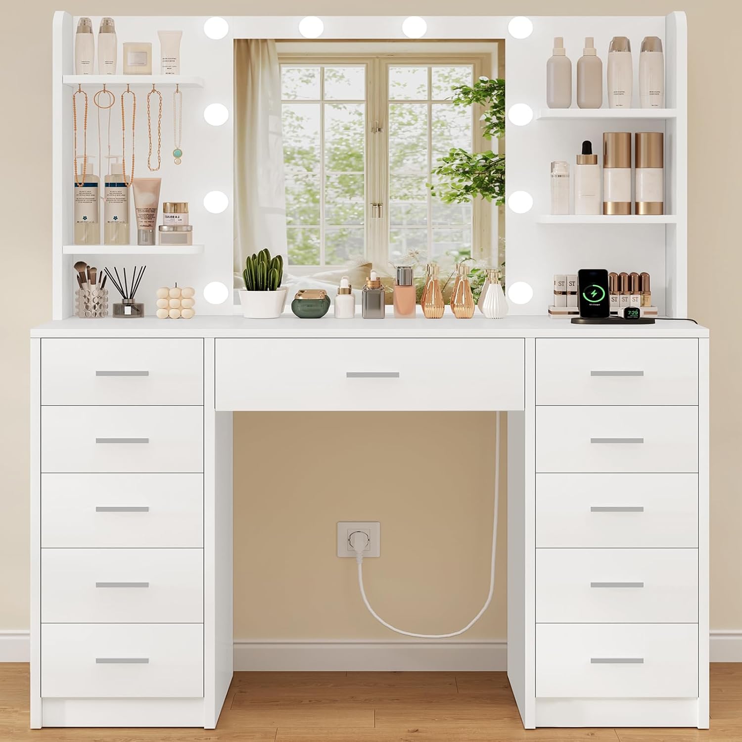 Toelette, Bianco, 3 Colori Regolabili, 11 Cassetti, 4 Ripiani, 5 Ganci, Grande Toeletta, Toeletta da Trucco con Specchio e Luce LED, TEENFON