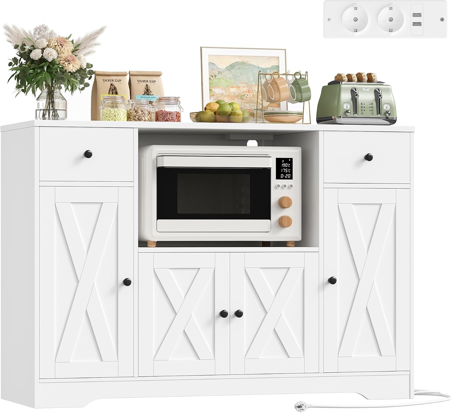 Credenza, Bianco, 120 cm Cucina, per Soggiorno, Mobile Armadio Microonde con Presa di Corrente Porta USB, Buffet Mobile con Ripiani Regolabili, HOCSOK