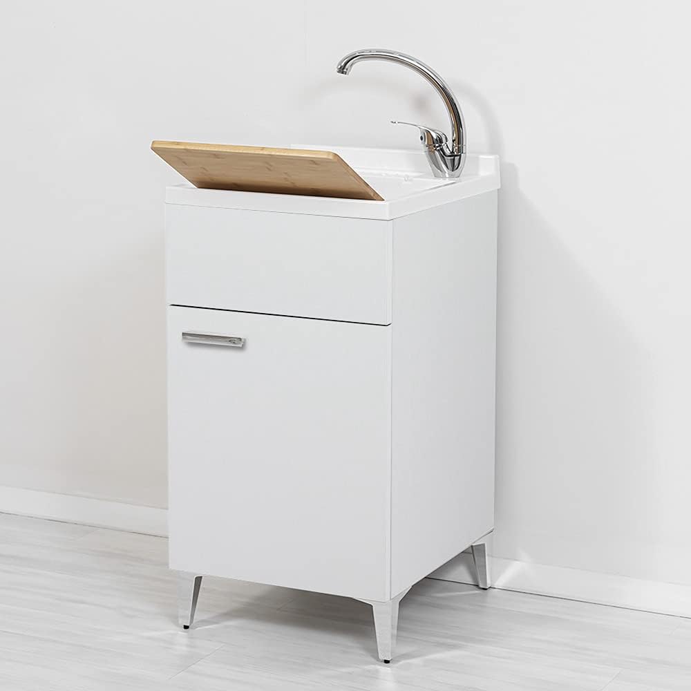 Mobiletti con lavabo, Mobile lavatoio salvaspazio 45x50, 1 Anta con Vasca in Resina, Completo di ASSE lavapanni e Kit di Scarico, Inbagno