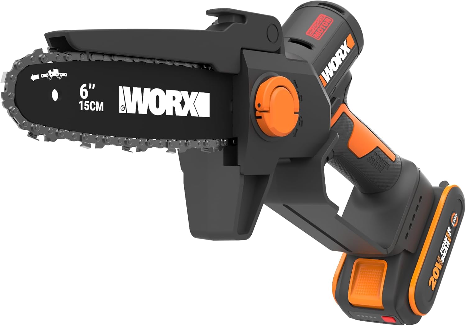 Motosega WG327E, Mini a batteria 20 V, motore brushless, leggero e cura degli arbusti), cambio e tensione senza attrezzi, WORX