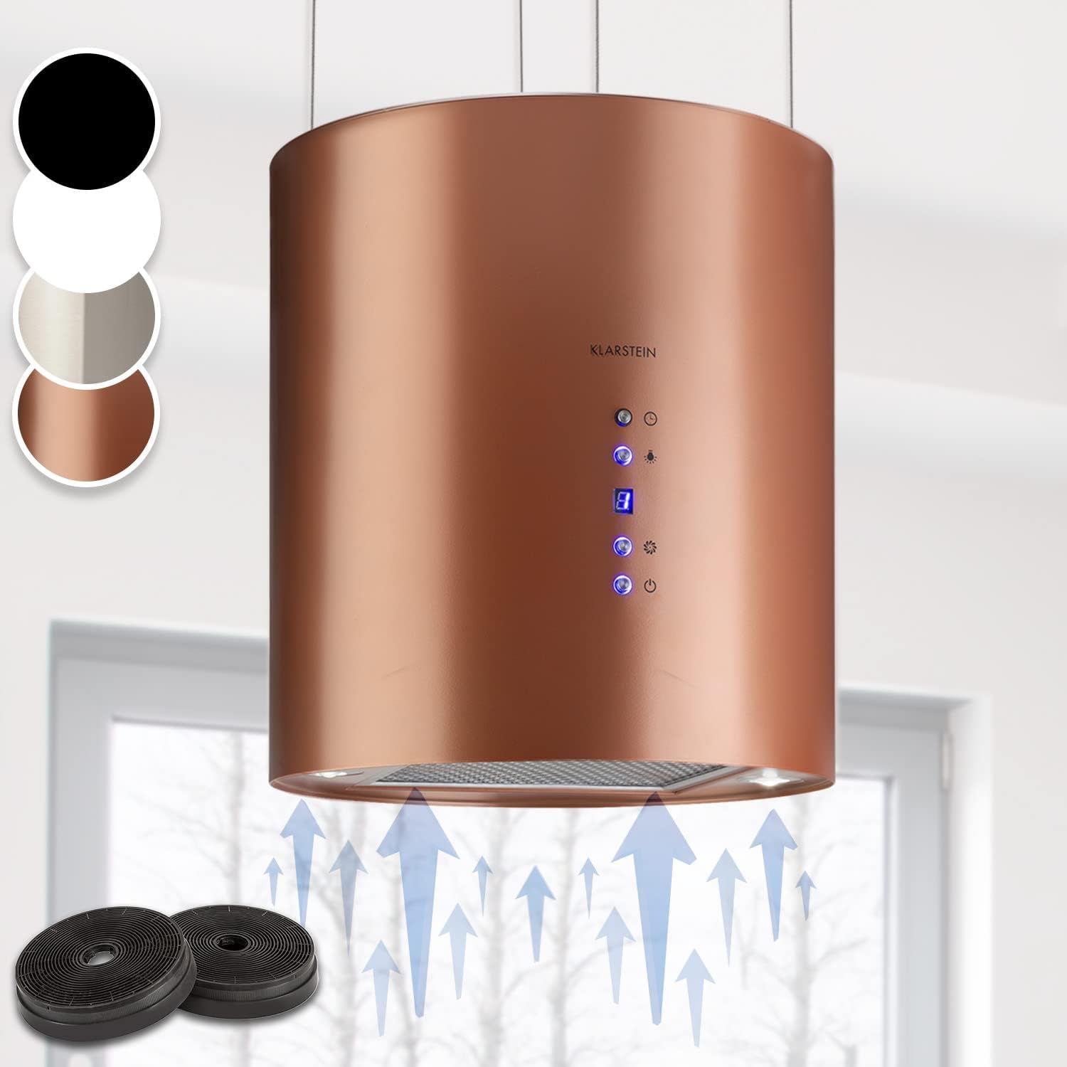 Cappe a isola, LED, Candelabro, Filtri Antigrasso e Carboni Attivi, Sottopensile, Flusso d'Aria 558m3, Cappa Isola Sospesa per Cucina, KLARSTEIN