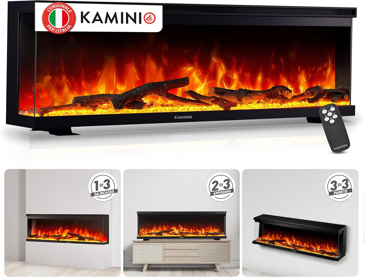 Caminetti elettrici, Camino elettrico LEA - Caminetto 3-in-1 con vista panoramica, effetto fiamma 3D, 12 colori di fiamma, riscaldamento, KAMINIO