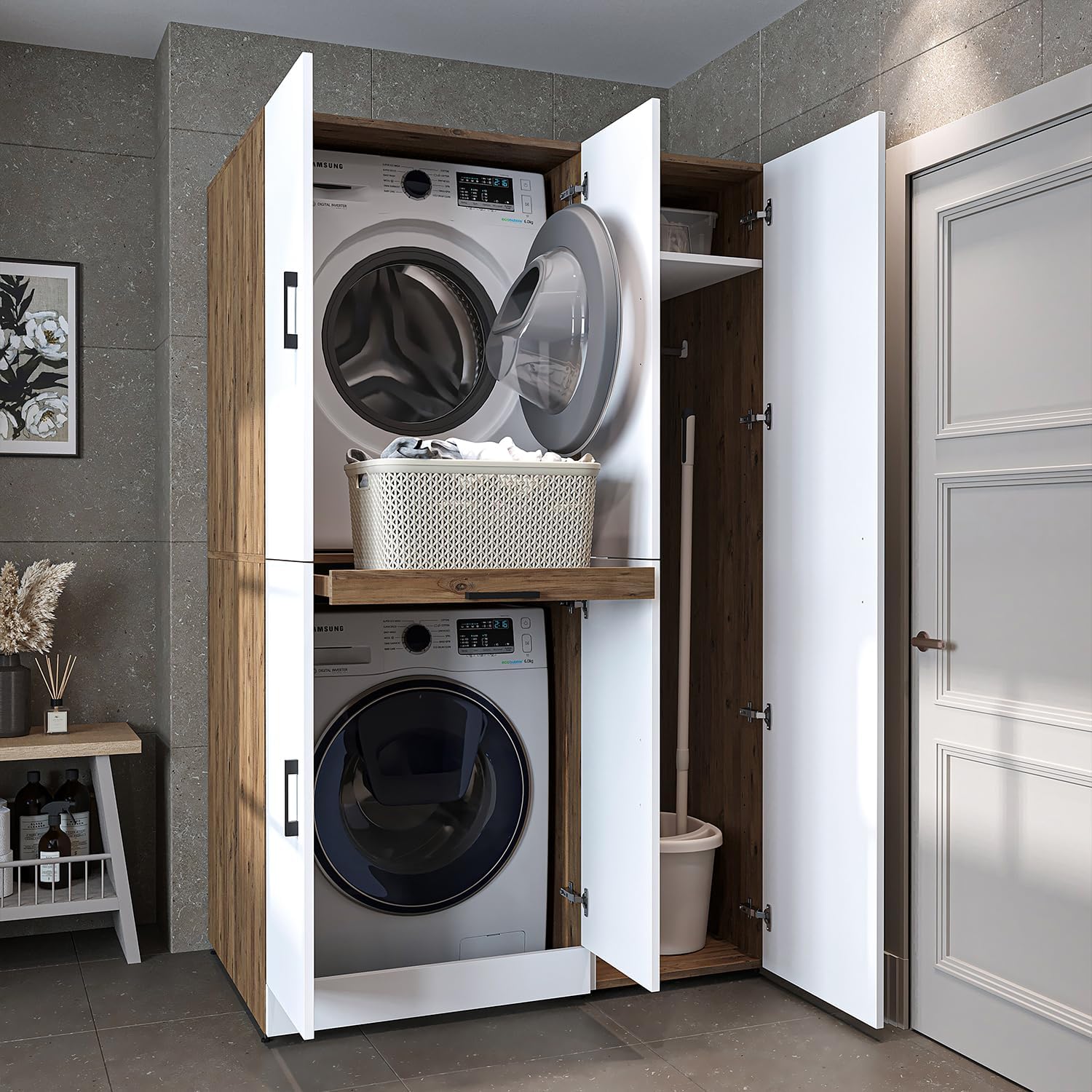 Lavatrice, altezza 230 cm, con ante e pannello scorrevole, rovere antracite, Armadietto per e asciugatrice Dora in 4 colori, in rovere bianco, ROOMART