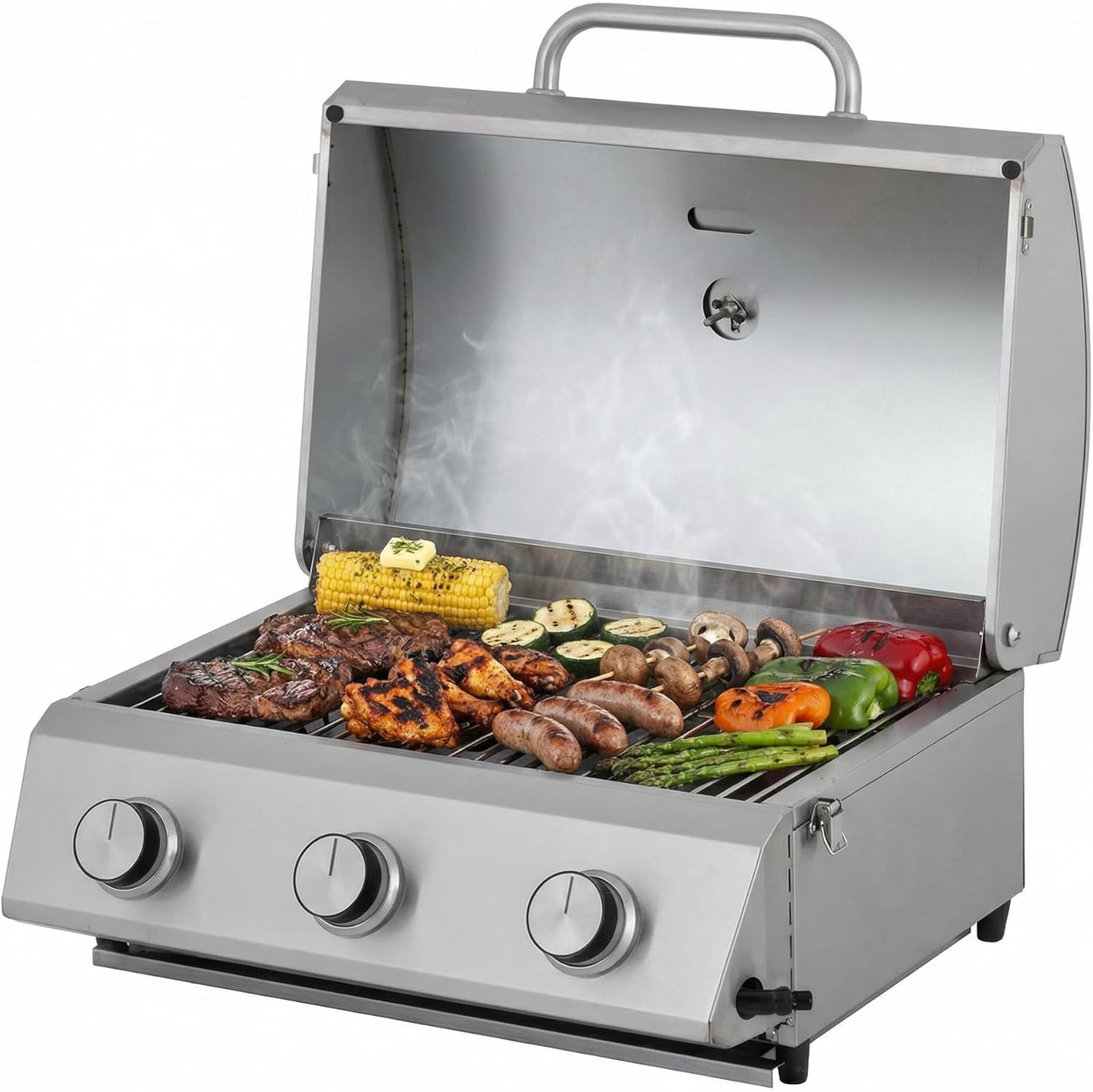 Barbecue a gas, per Giardino, Campeggio, Acciaio Inox, Argento, con 3 bruciatori Cathan, Coperchio con Termometro, Balcone, Tarrington House
