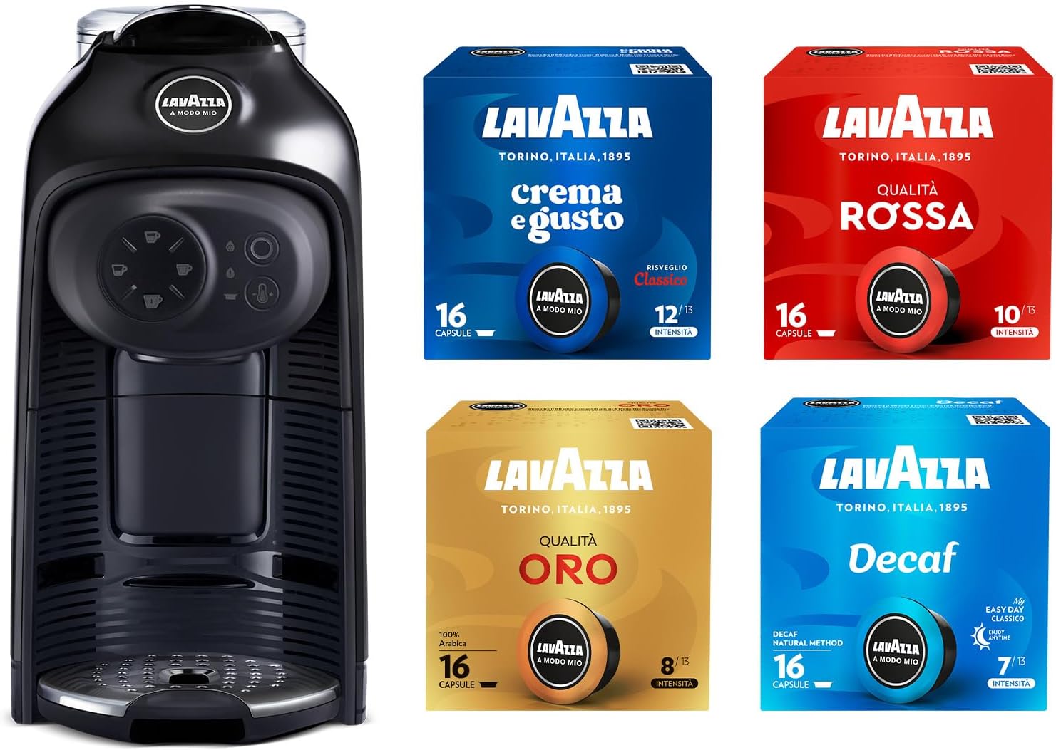 Macchina da caffè, 1500 W, 220-240 V, 60 Hz, A Modo Mio Macchina per Caffè Idola Nera con 64 Capsule A Modo Mio Assortite, Lavazza