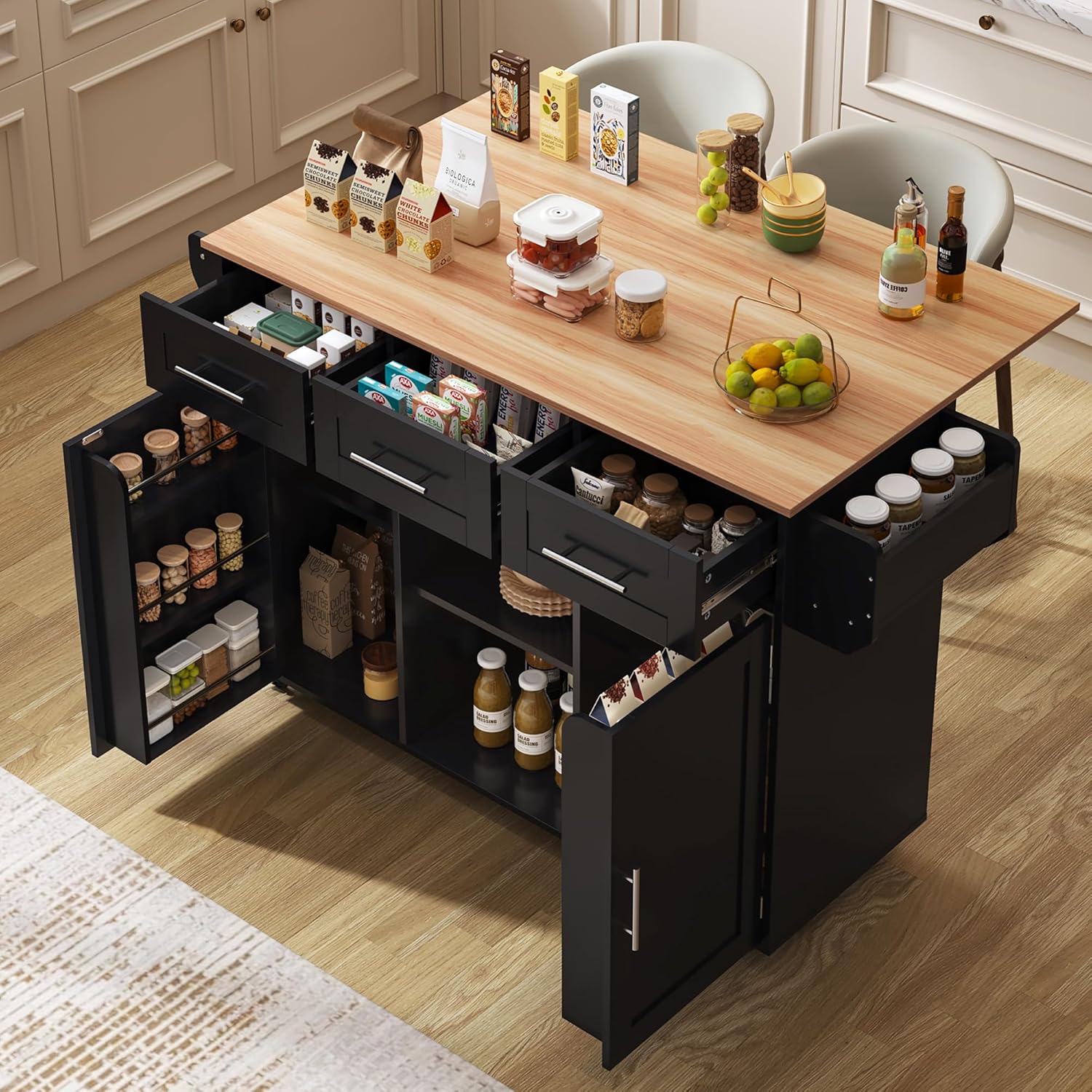 Credenza, piedini in legno massello intercambiabili, Isola della cucina con piano di lavoro pieghevole, 2 armadietti, 139 x 46 (71) x 91,5 cm, Huayz