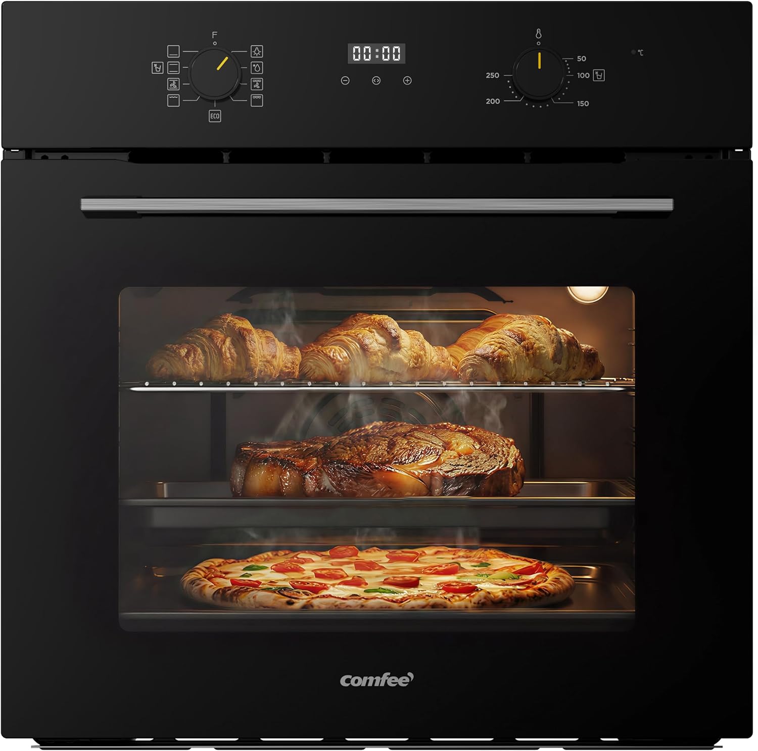Forno da incasso CBO70M80D2-BK, Capacità 70 L, 10 Funzioni di Cottura, Forno Elettrico Ventilato da Incasso Multifunzione, Classe A, COMFEE'