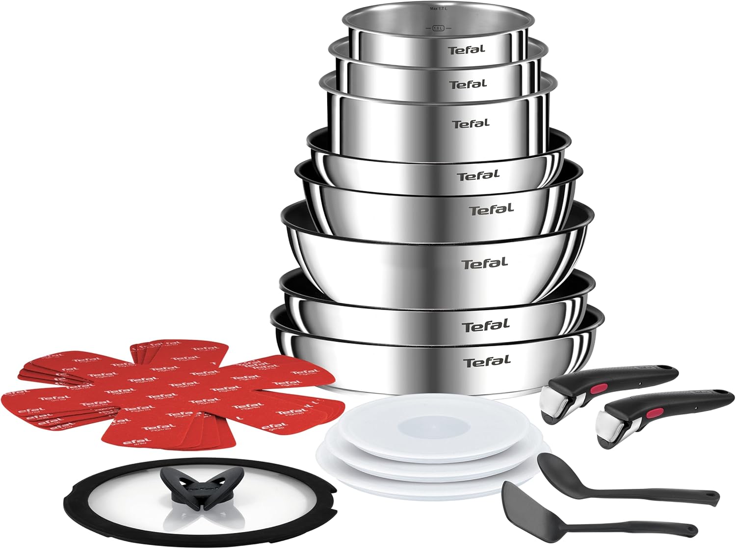 Tefal L897SJ04 Set di pentole, wok, coperchi, manici rimovibili, induzione, compatibile con lavastoviglie, Emotion, Ingenio - 20 pezzi, 5 anni