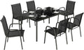 Set da pranzo, Tavolo in Vetro Temperato, Struttura in Metallo, per Terrazza Balcone, Nero, Set Tavolo e Sedie da Giardino 7 Pezzi, Outsunny