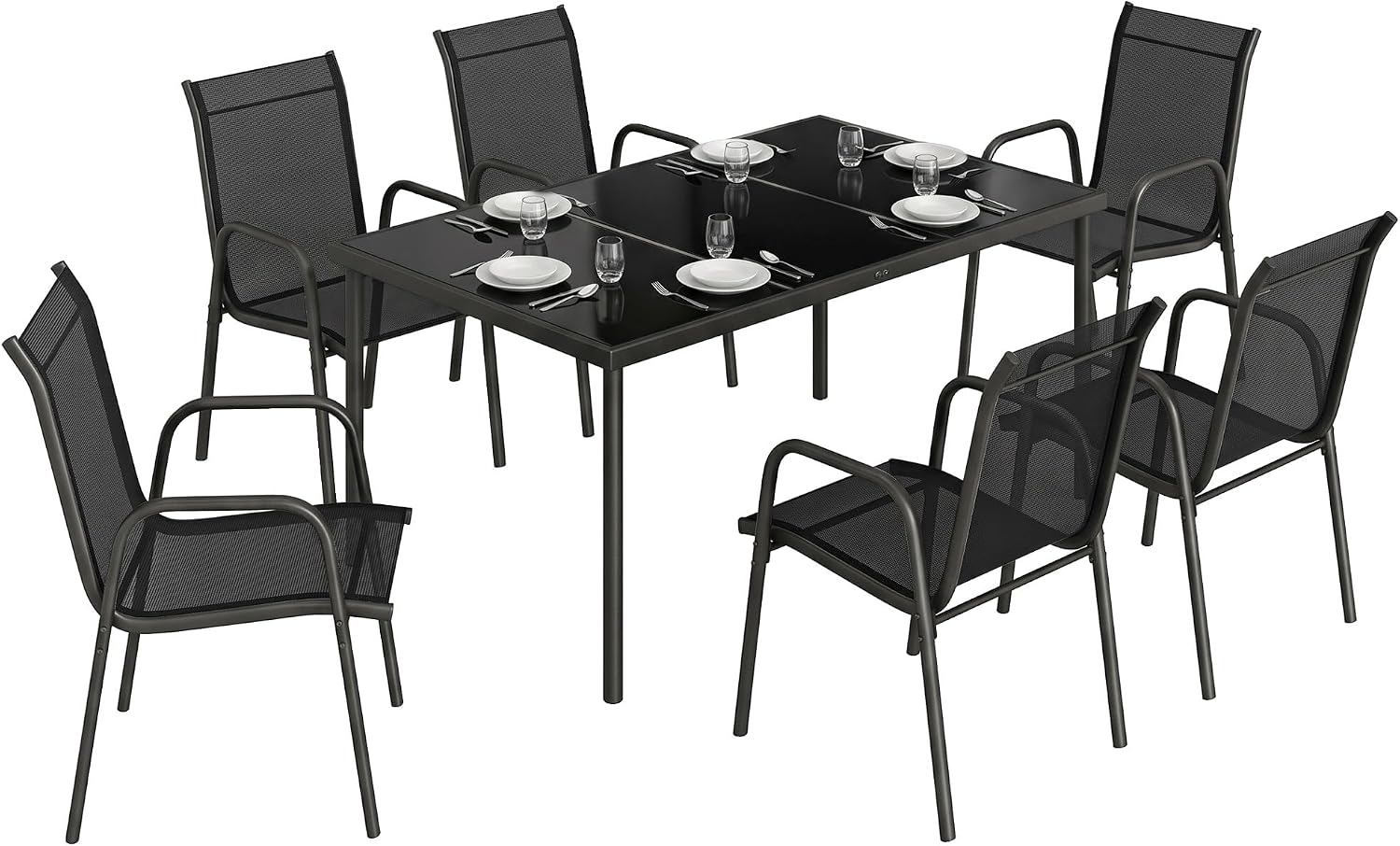 Set da pranzo, Tavolo in Vetro Temperato, Struttura in Metallo, per Terrazza Balcone, Nero, Set Tavolo e Sedie da Giardino 7 Pezzi, Outsunny