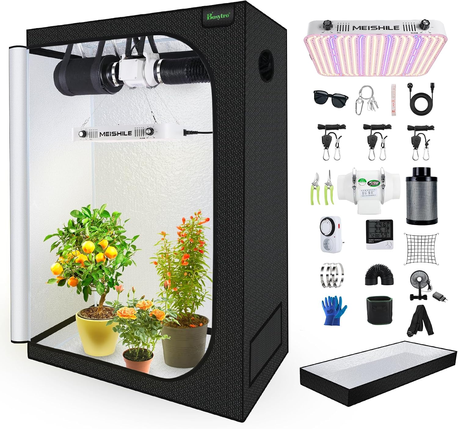 Tende idroponiche 600D, Tenda da Crescita, Luce per Piante da 200 W, Grow Box Kit Completo, BOSYTRO