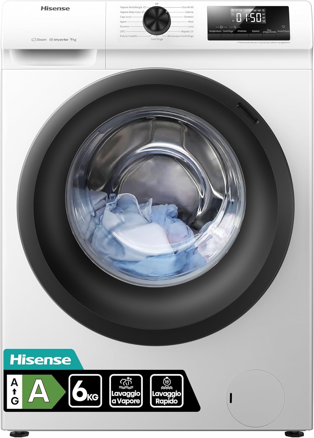 Hisense WFQE6012EVM lavatrice, – Slim a Carica Frontale 6 kg, 15 Programmi, Programma Rapido 15', Classe A, Vapore, Motore Inverter, Pause & Add