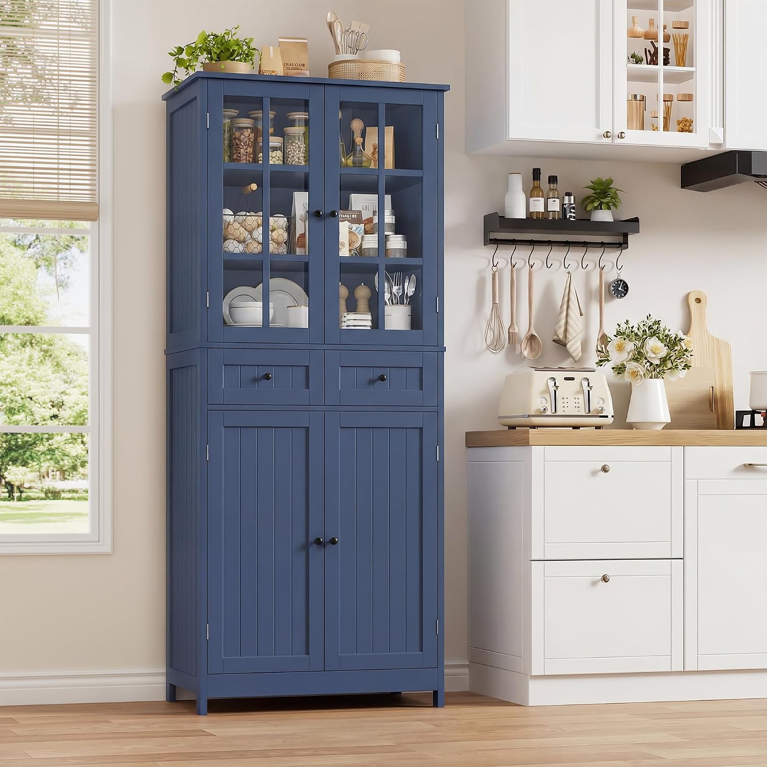 Credenza 180H, Blu, Cucina, per Sala da Pranzo, Mobile Dispensa con 4 Ante e 2 Cassetti, Ufficio, Soggiorno, Moderno, HOCSOK