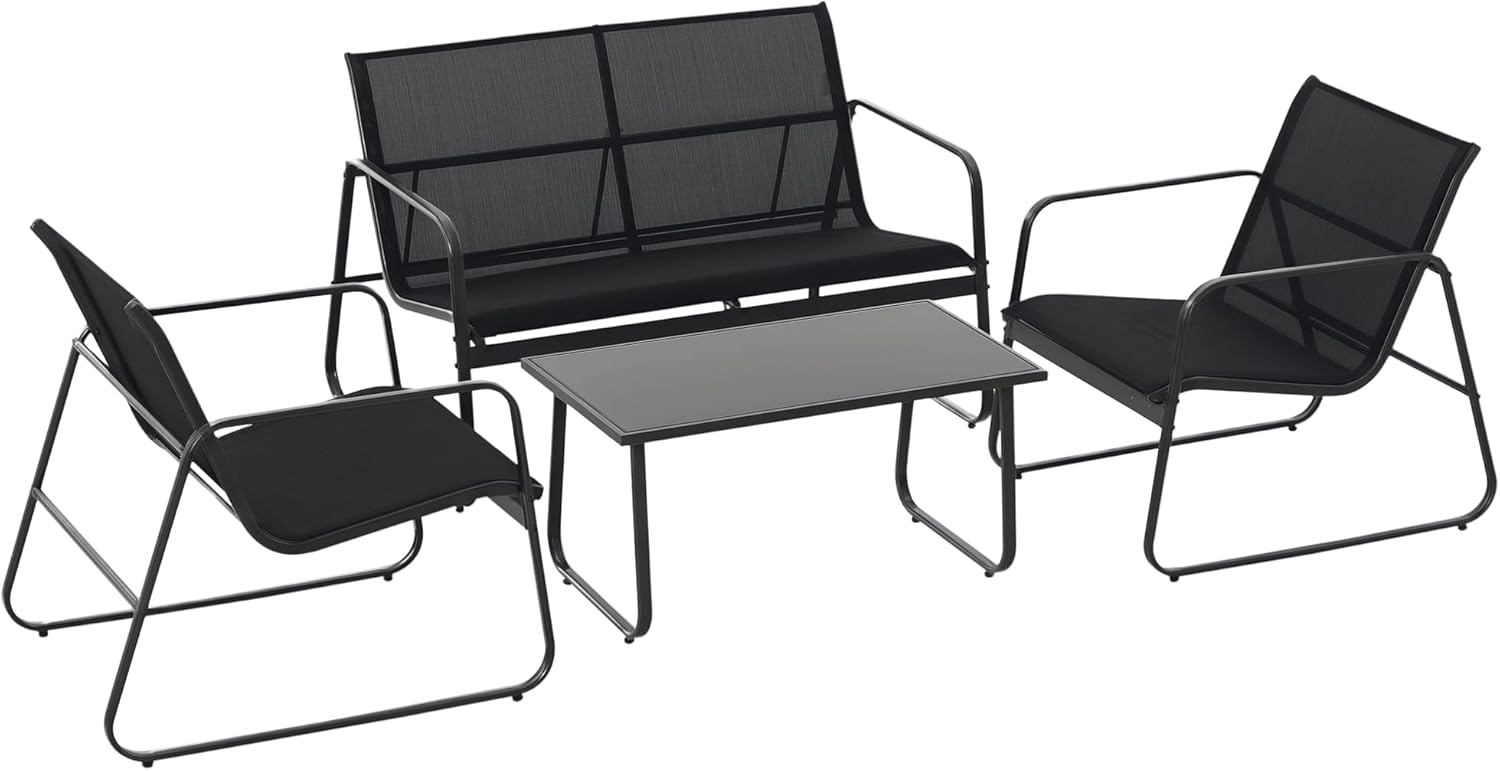 Set da pranzo, 2 Sedie e Tavolo da Caffè in Vetro Temperato, con Divanetto da Esterno a 2 Posti, Nero, Set Salotto da Giardino da 4 Pezzi, Outsunny