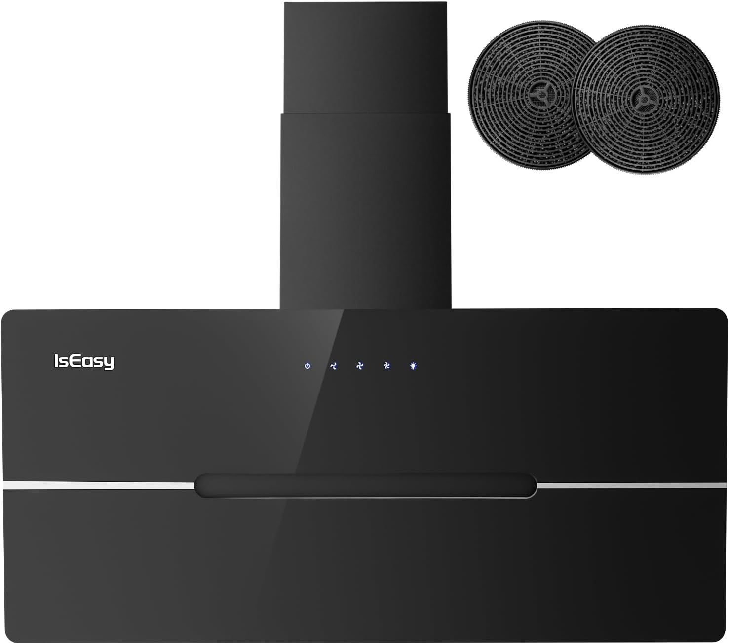 Cappe a muro, Funzionamento Touch, Efficienza A++, Cappa Aspirante 90 cm, Ricircolo con 578 m3, 3 Livelli di Regolazione, 58 dB, Nero, IsEasy