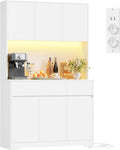 Credenza, Mobile Cucina, Cucina Alta con Presa e Luce LED, per Sala da Pranzo, Mobile Dispensa con Ripiani Regolabili, Ampio Piano di Lavoro, FirFurd