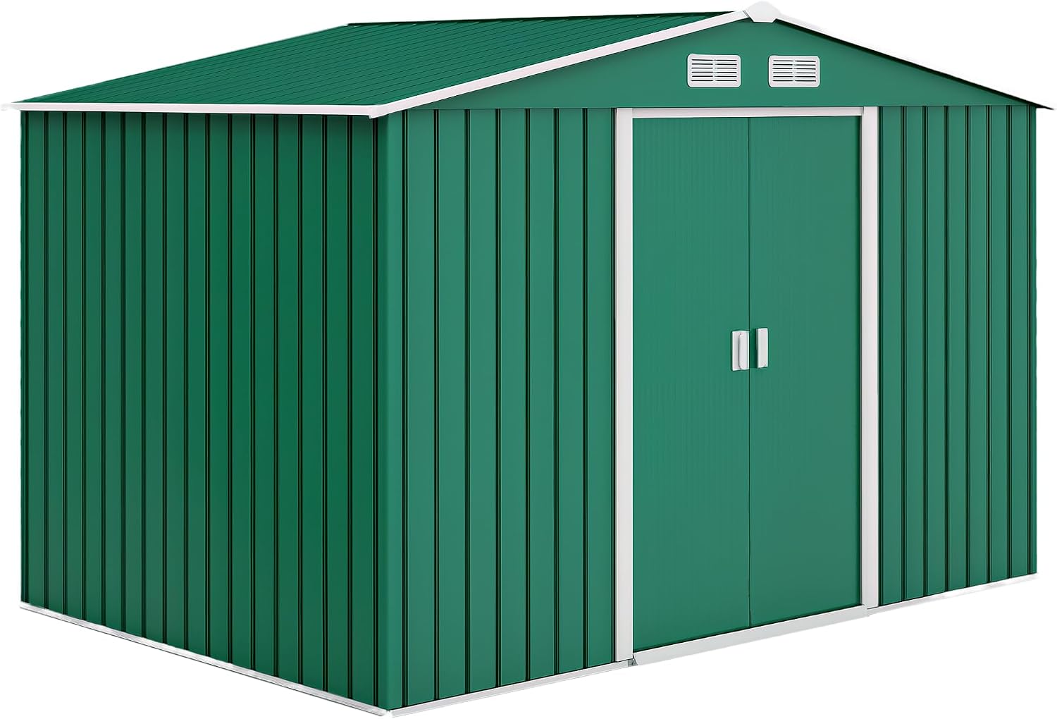 Casetta da giardino, Capanno Porta Attrezzi in Lamiera d'Acciaio, Verde Scuro, 4 Prese d'Aria e 2 Porte Scorrevoli, Outsunny