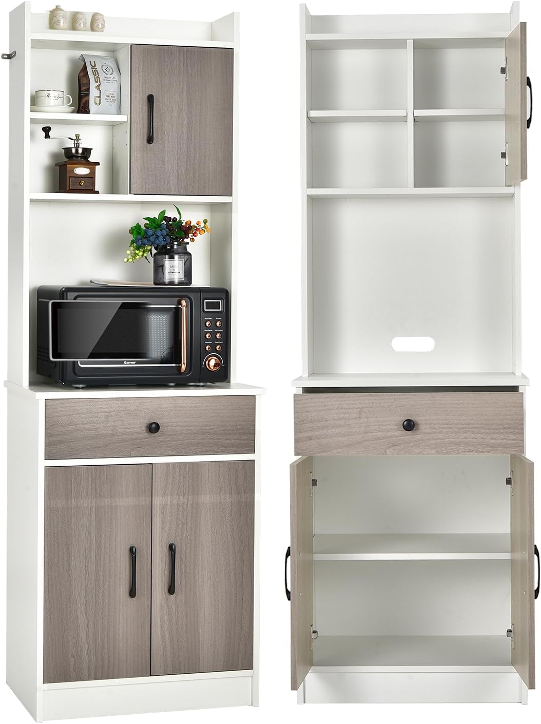 Credenza, 60 x 40 x 180 cm (Bianco), Alta da Cucina 180 cm, Mobile Cucina Dispensa con Fori Cavi, per Soggiorno, 3 Ante e Cassetto, Bagno, KOMFOTTEU