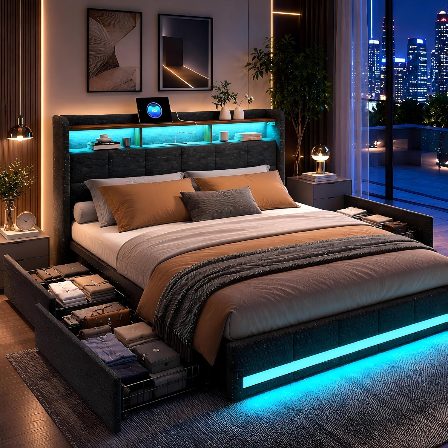 Letti, Letto Contenitore 180x200, 4 Cassetti, Letto Matrimoniale con Luci LED e Porte USB + Type-C, Testiera Imbottita in Lino con Doghe, BSCFHCZ