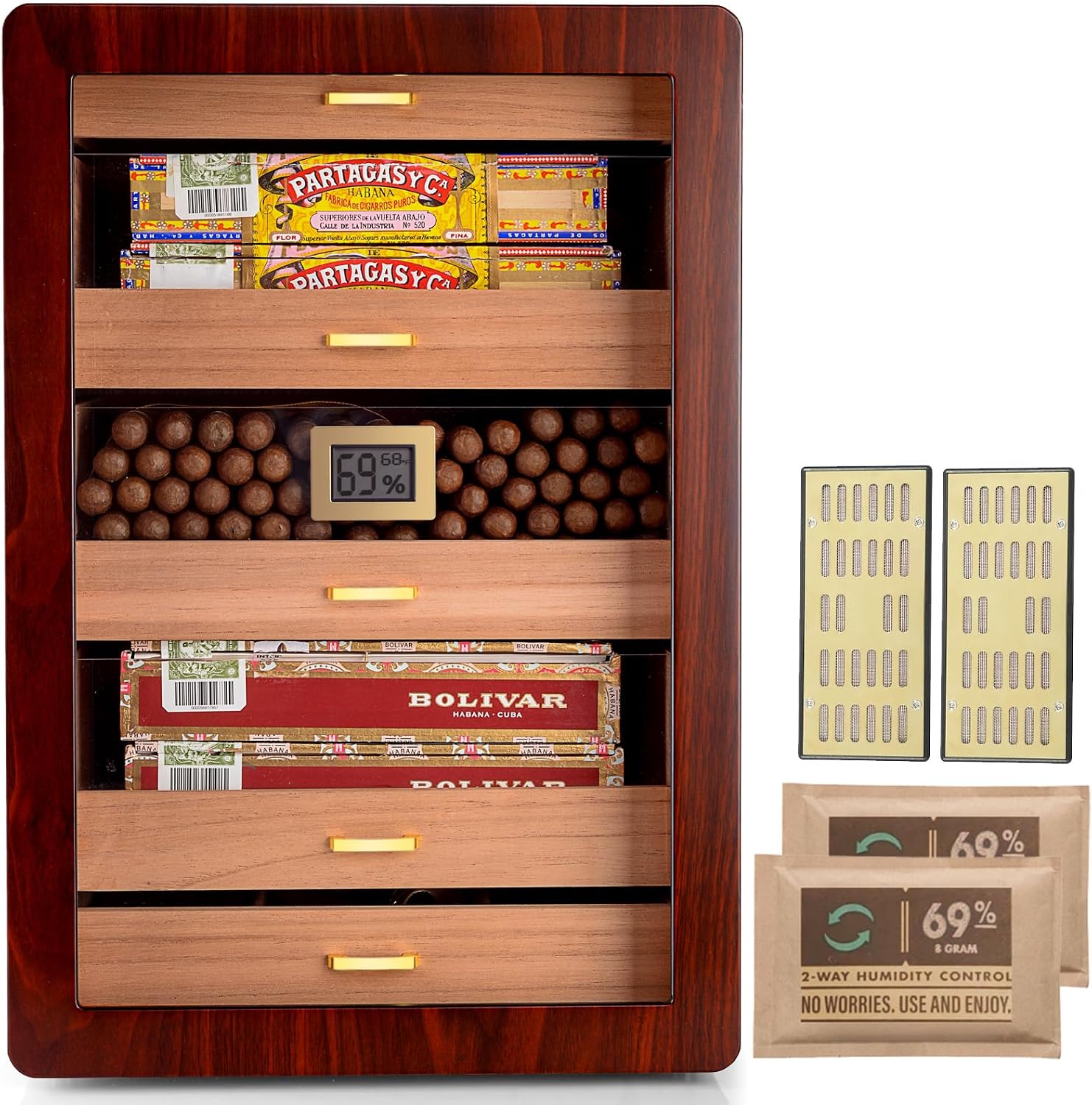 Umidificatori Humidor, con igrometro digitale, confezione di umidità e hardware placcati in oro, 5 grandi cassetti marroni, 2 umidificatori, Marvero