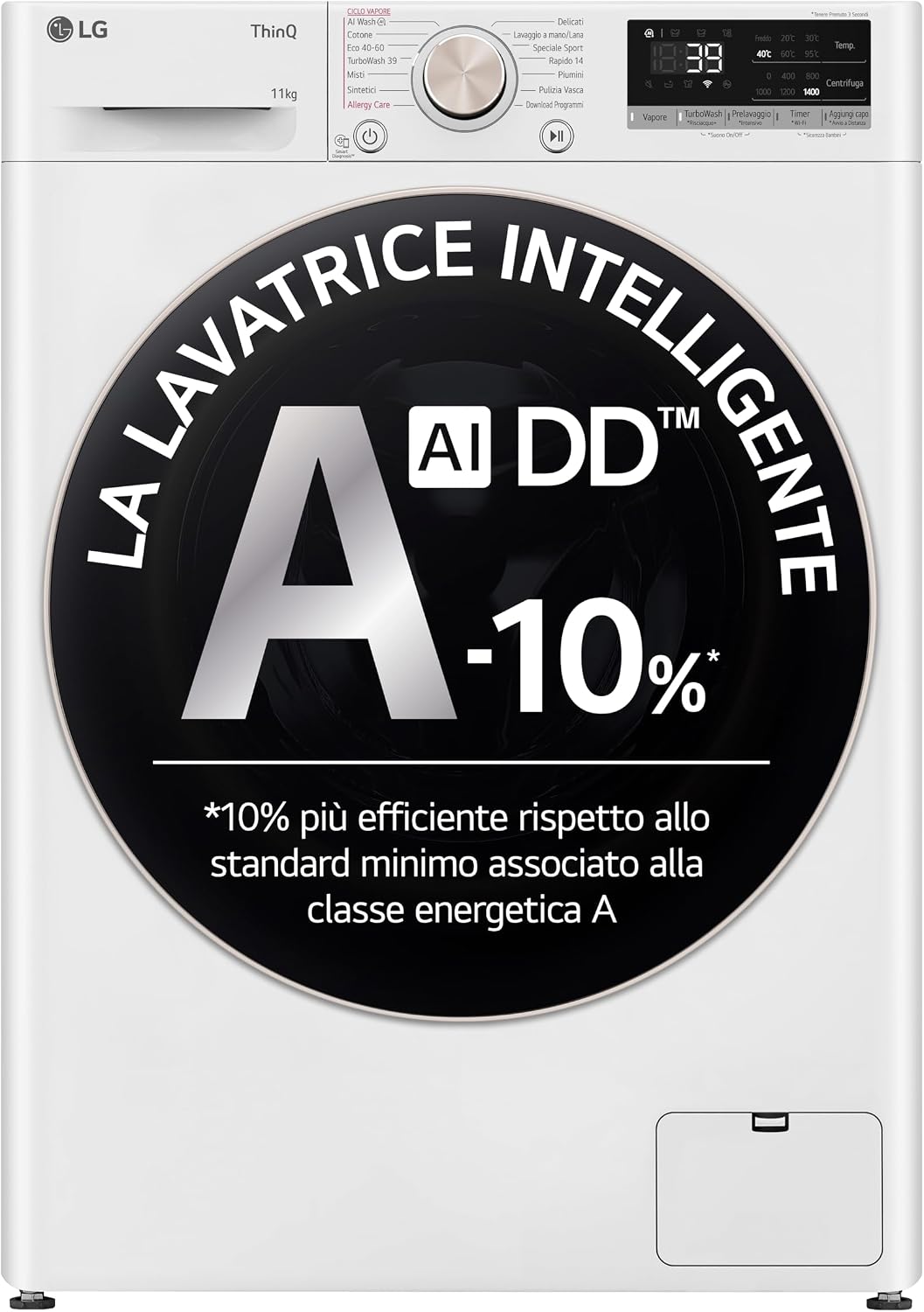 LG F4R7011TSWG lavatrice, AI DD 11 kg, Serie R7, Classe A -10%, 1400 giri, TurboWash 360, Vapore su 7 Programmi, a Carica Frontale, Wi-Fi, Bianco