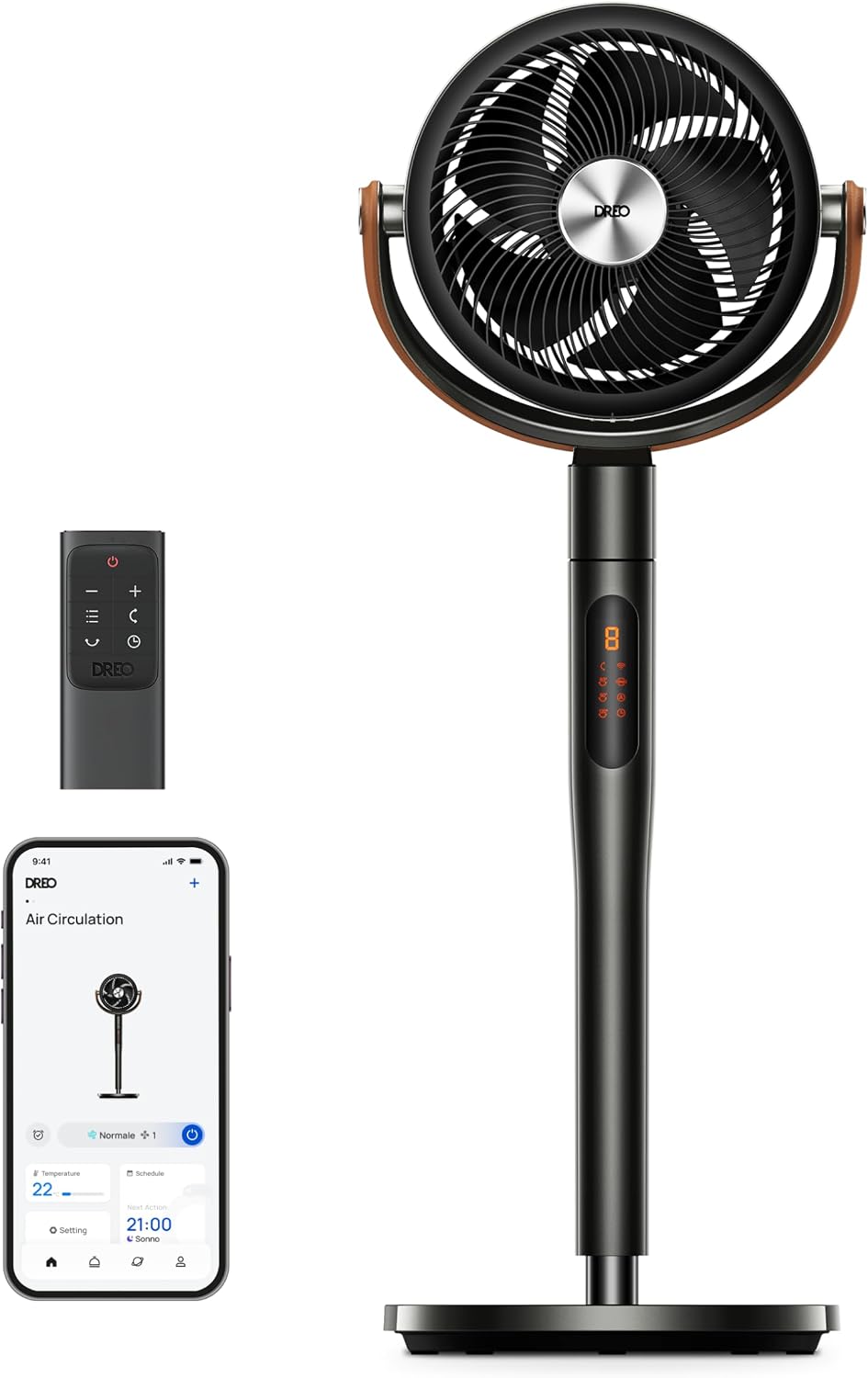 Ventilatori a piantana 30M, Portata, Compatibile con Alexa, Smart Ventilatore Silenzioso 25 dB, Oscillazione a 120°+105°, 8 Velocità, 6 Modalità, DREO