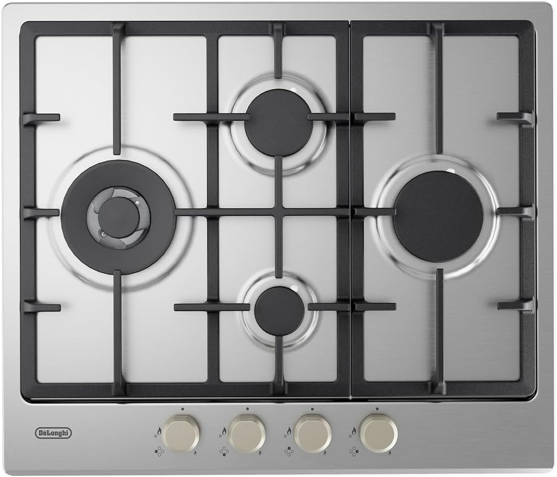 De'Longhi piano cottura, YLG 60 RFX A Gas 60 cm, 4 Bruciatori 1 Doppia Corona, Griglie In Ghisa, Manopole Frontali, Acciaio Inox